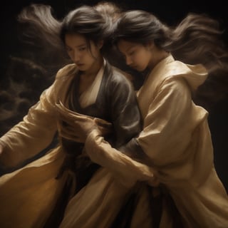 A masterpiece of photorealistic artistry captures two stunning 21-year-old girls with traditional Chinese hairstyles, their long black hair blowing gently in the wind as they stand side by side, surrounded by a serene ancient Chinese city street. One girl, dressed in a light blue skirt and bellyband, holds a Chinese sword while wearing a ponytail and swinging her weapon in precise martial arts moves, such as lunges and jumps. Her opponent, similarly attired, wields a sword with finesse, their movements clearly visible through the use of a wide-angle lens and movie-like photography. The girls' features are flawlessly rendered, showcasing thin yet athletic physiques, pink lips, long eyelashes, and large eyes that seem to pierce through the image. The background, a blurred mixture of Chinese architecture and lush greenery, serves as a stunning contrast to the vibrant colors of the subject's hair accessories and the flowing ink-like smoke that surrounds them.