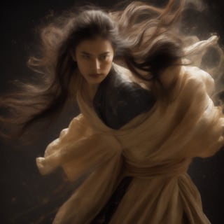 A masterpiece of photorealistic artistry captures two stunning 21-year-old girls with traditional Chinese hairstyles, their long black hair blowing gently in the wind as they stand side by side, surrounded by a serene ancient Chinese city street. One girl, dressed in a light blue skirt and bellyband, holds a Chinese sword while wearing a ponytail and swinging her weapon in precise martial arts moves, such as lunges and jumps. Her opponent, similarly attired, wields a sword with finesse, their movements clearly visible through the use of a wide-angle lens and movie-like photography. The girls' features are flawlessly rendered, showcasing thin yet athletic physiques, pink lips, long eyelashes, and large eyes that seem to pierce through the image. The background, a blurred mixture of Chinese architecture and lush greenery, serves as a stunning contrast to the vibrant colors of the subject's hair accessories and the flowing ink-like smoke that surrounds them.