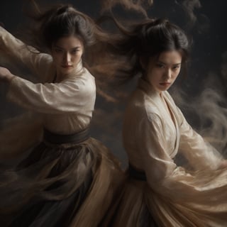 A masterpiece of photorealistic artistry captures two stunning 21-year-old girls with traditional Chinese hairstyles, their long black hair blowing gently in the wind as they stand side by side, surrounded by a serene ancient Chinese city street. One girl, dressed in a light blue skirt and bellyband, holds a Chinese sword while wearing a ponytail and swinging her weapon in precise martial arts moves, such as lunges and jumps. Her opponent, similarly attired, wields a sword with finesse, their movements clearly visible through the use of a wide-angle lens and movie-like photography. The girls' features are flawlessly rendered, showcasing thin yet athletic physiques, pink lips, long eyelashes, and large eyes that seem to pierce through the image. The background, a blurred mixture of Chinese architecture and lush greenery, serves as a stunning contrast to the vibrant colors of the subject's hair accessories and the flowing ink-like smoke that surrounds them.