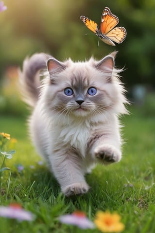 Hyperrealistic photo, very close-up of a beautiful and tender purple pink Ragdoll fluffy cat, she is in a garden playing, Jumping, wagging its tail happily, stretching out its little paws to catch butterflies. A garden with short, very green grass. Many small, colorful flowers. It's daytime, the light is natural. The light creates a contrast of shadows on the animal. Beautiful scene, ultra detailed, hyperrealistic, colorful, distant.