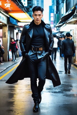 1men, age 20, solo, Hong Kong men, Full body image,
 looking at viewer, Pompadour hair, gloves, muscular male, male focus, black gloves, belt, pants, Tight gloves, coat, clenched hands, black coat, the coat is fully open, black leater shoes, realistic, Walking on the streets of Hong Kong, Expressiveh, concept art