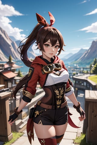 outdoor mountains, genshin impact character Amber, wearing her red and brown adventurer's outfit, long and dark brown hair that she wears in a high ponytail, striking amber-colored eyes that match her name, wearing thigh-high brown boots, wearing fingerless gloves that match the rest of her outfit, looking at viewer, 1 girl,amber (genshin impact)