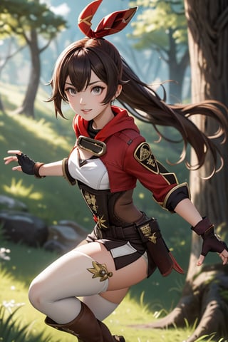 outdoor, woods, genshin impact character Amber, wearing her red and brown adventurer's outfit, long and dark brown hair that she wears in a high ponytail, striking amber-colored eyes that match her name, wearing thigh-high brown boots, wearing fingerless gloves that match the rest of her outfit, 1 girl, amber (genshin impact)