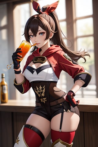 indoor, genshin impact character Amber, wearing her red and brown adventurer's outfit, long and dark brown hair that she wears in a high ponytail, striking amber-colored eyes that match her name, wearing thigh-high brown boots, wearing fingerless gloves that match the rest of her outfit, looking far, 1 girl, amber (genshin impact), drinking juice