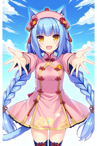 nekopara, 1 girl,cat ears,cat tail,long hair, looking at viewer, smile, open mouth, thighhighs, long sleeves, hat, blue hair, yellow eyes, braid, sky, cloud, wide sleeves, twin braids, chinese clothes, outstretched arms, ofuda, 