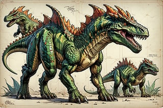 Sketchbook Style, comic book, hand drawn, gritty, realistic sketch, cel-shading, art style by Frank Cho,mix of bold dark lines and loose lines, bold lines, on paper, accurate body, character sheet, turnaround, multiple views of same character,proportions, Full Body,The dragon is more accurately described as a dinosaur, combining features of a Stegosaurus and an Allosaurus.
It has a lizard-like head, with sharp teeth and a menacing gaze.
Its back is spiny, reminiscent of the armored plates seen on some dinosaurs.
The tail is thorny, adding to its dangerous appearance.
The overall impression is one of primal power and ancient menace.white background 