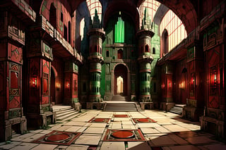 /imagine prompt: comic book style,"Interior view of Xuchotl, a sprawling ancient ruins Aztec city built like a giant palace under one great emerald roof, with a heroic proportioned Great Hall running into the distance. The hall features a floor of curious red stone tiles that seem to smolder like flames, and shiny green walls. High vaulted ceilings with skylights allow sunlight to filter through translucent crystalline sheets, illuminating the space. Series of interconnected chambers floored with red stone and walls of green jade, marble, ivory, or chalcedony, adorned with friezes of bronze, gold, or silver. Contrasting lighted chambers and dark, foreboding rooms with black doorways resembling pits. The city has no open streets, squares, or courts, only internal halls and chambers, conveying an eerie, majestic, and claustrophobic atmosphere, inspired by Red Nails --v 5",l0dbg,FuturEvoLab,ArtDecoXL,DonMn1ghtm4reXL