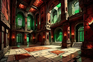 /imagine prompt: comic book style,"Interior view of Xuchotl, a sprawling ancient ruins Aztec city built like a giant palace under one great emerald roof, with a heroic proportioned Great Hall running into the distance. The hall features a floor of curious red stone tiles that seem to smolder like flames, and shiny green walls. High vaulted ceilings with skylights allow sunlight to filter through translucent crystalline sheets, illuminating the space. Series of interconnected chambers floored with red stone and walls of green jade, marble, ivory, or chalcedony, adorned with friezes of bronze, gold, or silver. Contrasting lighted chambers and dark, foreboding rooms with black doorways resembling pits. The city has no open streets, squares, or courts, only internal halls and chambers, conveying an eerie, majestic, and claustrophobic atmosphere, inspired by Red Nails --v 5",l0dbg,FuturEvoLab,ArtDecoXL,DonMn1ghtm4reXL