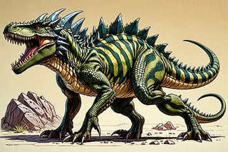 Sketchbook Style, comic book, hand drawn, gritty, realistic sketch, cel-shading, art style by Frank Cho,mix of bold dark lines and loose lines, bold lines, on paper, accurate body, character sheet,proportions, Full Body,The dragon is more accurately described as a dinosaur, combining features of a Stegosaurus and an Allosaurus.
It has a lizard-like head, with sharp teeth and a menacing gaze.
Its back is spiny, reminiscent of the armored plates seen on some dinosaurs.
The tail is thorny, adding to its dangerous appearance.
The overall impression is one of primal power and ancient menace.