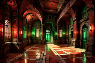 /imagine prompt: comic book style,"Interior view of Xuchotl, a sprawling ancient ruins Aztec city built like a giant palace under one great emerald roof, with a heroic proportioned Great Hall running into the distance. The hall features a floor of curious red stone tiles that seem to smolder like flames, and shiny green walls. High vaulted ceilings with skylights allow sunlight to filter through translucent crystalline sheets, illuminating the space. Series of interconnected chambers floored with red stone and walls of green jade, marble, ivory, or chalcedony, adorned with friezes of bronze, gold, or silver. Contrasting lighted chambers and dark, foreboding rooms with black doorways resembling pits. The city has no open streets, squares, or courts, only internal halls and chambers, conveying an eerie, majestic, and claustrophobic atmosphere, inspired by Red Nails --v 5",l0dbg,FuturEvoLab,ArtDecoXL,DonMn1ghtm4reXL