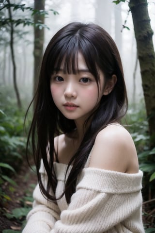 主：(deep in the misty woods),
人：1litte 1kid 7yo gril (Child:1.2), Korean beauty,
優：With a very high artistic composition style,
髮：(long hair),(((bangs))), 
服：Off-the-shoulder,