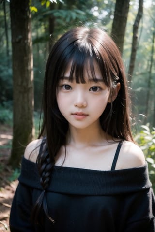 主：(deep in the misty woods),(((face photo))),
人：1litte 1kid 7yo gril (Child:1.2), Korean beauty,
優：With a very high artistic composition style,
髮：(long hair),(((bangs))), 
服：Off-the-shoulder,