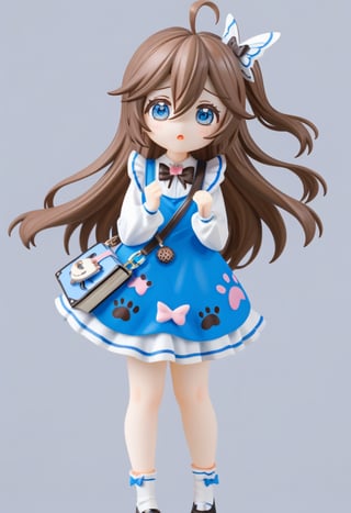 aoqiyami, 1girl, big eyes, long hair, blue eyes, hair between eyes, ahoge, one side up, white butterfly hair ornament, pointy hair, brown hair, loli, small breast, long sleeves, bow, black shoes, white socks, bowtie, blue bag, blue dress, animal print, mary janes, shoulder bag,white backgroud,simple background,standing