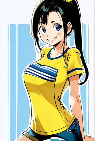 1 teenage girl, black hair, ponytail, yellow t shirt, blue jeans, high quality, cowboy shots, two side up, black eyes, (smile:0.8), open mouth, (16 year old), masterpiece, ultra high quality, striped shirt, longe sleeves, large breast, skirt, good artwork, high definition, 

