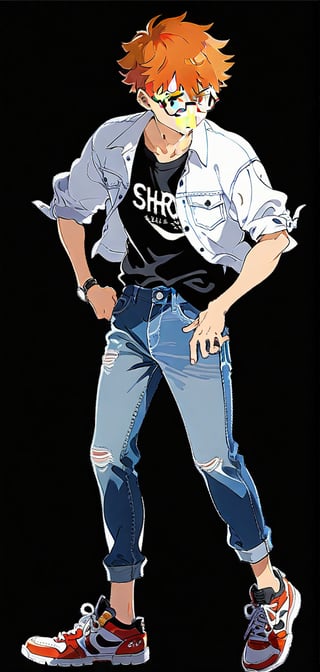 solo, simple background, 1boy, full body, male focus, shoes, glasses, pants, orange hair, parody, denim, black background, sneakers, jeans, style parody, emiya shirou