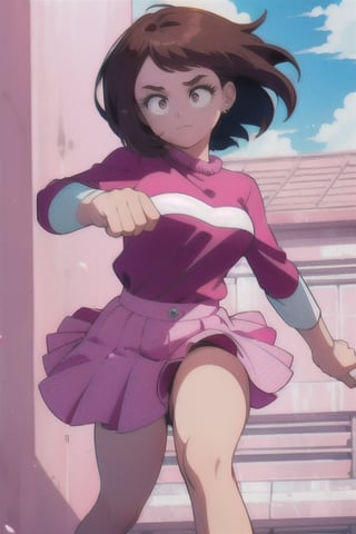 1girl, brown hair, bob, pink eyes, pop star, dance floor, 90’s red shirt, pink skirt, ochako, park, outdoors, masterpiece, highlight, looking at the viewers, 