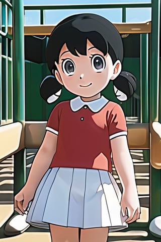 1girl, solo, HDR,  masterpiece, looking at viewers, Shizuka minamoto, black hair, pigtails, doraemon, Pink dress with stripes with red stripes, white soock, Red shoes, Playground, High quality, black eyes, smiling, 