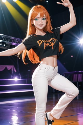 1 girl, solo, orange long hair, freckles, black t shirt short sleeves, white jeans long trousers, green eyes, dance floor, disco, light, disco ball, big breast, 
white shoes, masterpiece, (8k), looking at the viewers, smiling, 