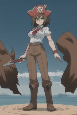 masterpiece, 1girl ,solo ,looking at the viewer ,bt,,whole body ,medium breasts, Pirate outfit, brown pants, pirate swords, pirate ships, pirate hat, angry, standing, white shirt, boots, ((light brown hair)),