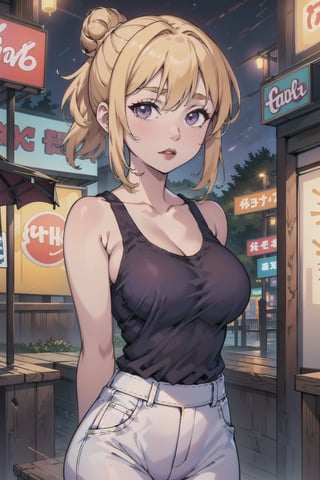 1woman, blonde hair, bun hair, large breast, purple tanktop, white pants, belts, upper body, looking at the viewers outdoor, lipstick, 8k wallpaper, 4k wallpaper, ultra high quality, city, nighttime, masterpiece,