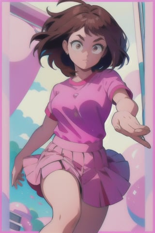 1girl, brown hair, bob, pink eyes, pop star, dance floor, 90’s red shirt, pink skirt, ochako, park, outdoors, masterpiece, highlight, looking at the viewers, 