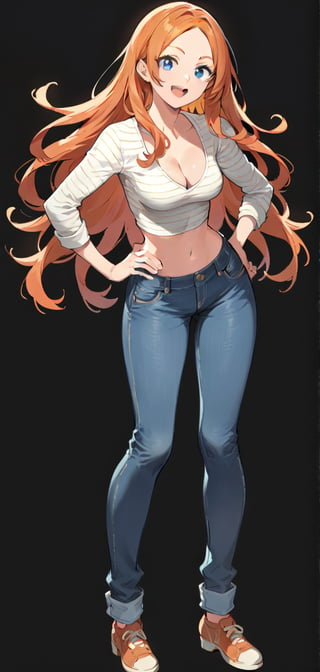 1girl, solo, long hair, breasts, smile, open mouth, blue eyes, simple background, navel, cleavage, medium breasts, standing, full body, shoes, midriff, pants, orange hair, hand on hip, denim, black background, jeans,score_9