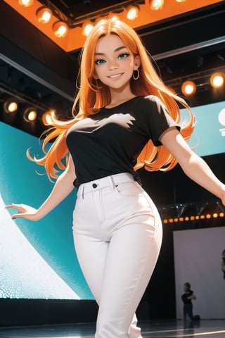 1 girl, solo, orange long hair, freckles, black t shirt short sleeves, white jeans long trousers, green eyes, dance floor, disco, light, disco ball, big breast, 
white shoes, masterpiece, (8k), looking at the viewers, smiling, 