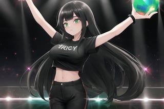 1 girl, black long hair, freckles, light skin, black t shirt short sleeves, red trousers, green eyes, dance floor, disco, light, disco ball, big breast,