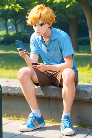 1Man, solo, masterpiece, best quality, yellow hair, short-sleeved light blue shirt,  brown shorts, blue shose, outdoors, phone, (Age18),  sided hair, white soocks, Teenager, 