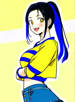 1 teenage girl, black hair, ponytail, yellow t shirt, blue jeans, high quality, cowboy shots, two side up, black eyes, (smile:0.8), open mouth, (16 year old), masterpiece, ultra high quality, striped shirt, longe sleeves, large breast, skirt, 
