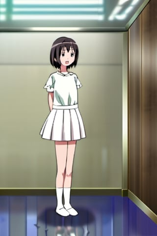 1girl, solo, short hair, open mouth, skirt, brown hair, shirt, black hair, standing, full body, socks, indoors, parody, arms behind back, white skirt, Realisic Miura Haru