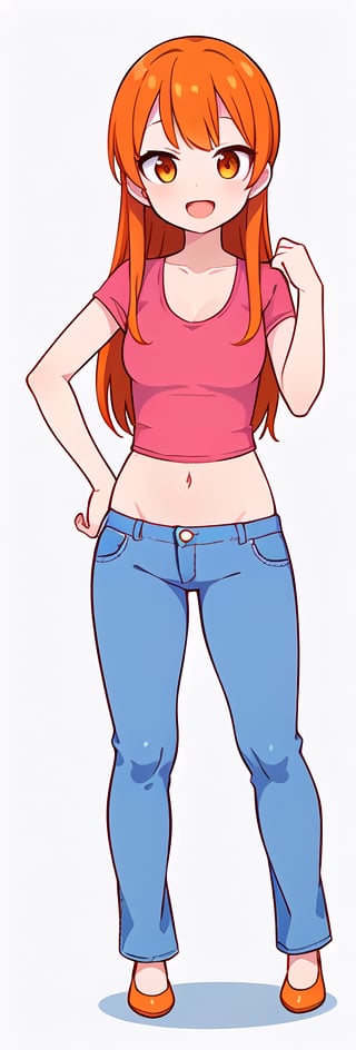 1girl, solo, long hair, looking at viewer, smile, open mouth, simple background, shirt, white background, navel, brown eyes, standing, full body, :d, shoes, midriff, pants, orange hair, crop top, orange eyes, hand on hip, denim, jeans, cropped shirt