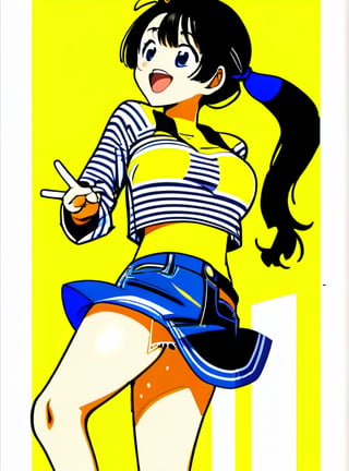 1 teenage girl, black hair, ponytail, yellow t shirt, blue jeans, high quality, cowboy shots, two side up, black eyes, (smile:0.8), open mouth, (16 year old), masterpiece, ultra high quality, striped shirt, longe sleeves, large breast, skirt, 
