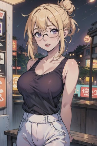 1woman, blonde hair, bun hair, large breast, purple tanktop, white pants, belts, upper body, looking at the viewers outdoor, lipstick, 8k wallpaper, 4k wallpaper, ultra high quality, city, nighttime, masterpiece,