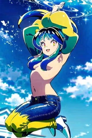 lum, (long hair:1.1), (brightly colored hair:1.3), (looking at viewer:1.3), smile,open mouth, happy, (levitation:1.3), topless blue Jeans trousers, white shoes,