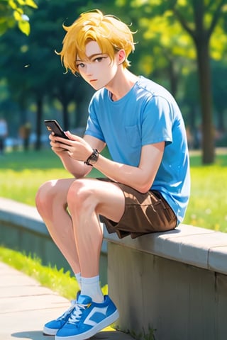 1Man, solo, masterpiece, best quality, yellow hair, short-sleeved light blue shirt,  brown shorts, blue shose, outdoors, phone, (Age18),  sided hair, white soocks, Teenager, 