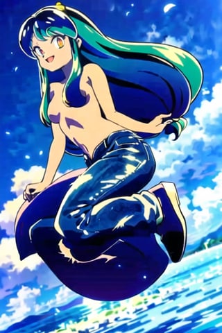 lum, (long hair:1.1), (brightly colored hair:1.3), (looking at viewer:1.3), smile,open mouth, happy, (levitation:1.3), topless blue Jeans trousers, white shoes,