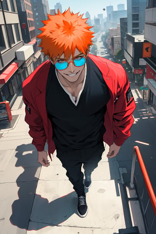 kurosaki ichigo, brown eyes, short orange hair, streetwear, city, fashion glasses, (round glasses), (rimless glasses), (orange translucent glasses tint), high view shot, smiling, full body