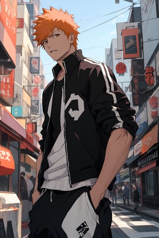 kurosaki ichigo, brown eyes, short orange hair, streetwear, city