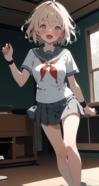 1girl, medium breasts, school uniform,
mesugaki, smile, looking at viewer, blush, hand up, skin fang, 
dutch angle, feet out of frame, looking at viewer, blonde hair, silver eyes,scared, music room, open mouth, shiny hair,,encore_(wuthering_waves)