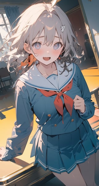 1girl, medium breasts, school uniform,
mesugaki, smile, looking at viewer, blush, hand up, skin fang, 
dutch angle, feet out of frame, looking at viewer, blonde hair, silver eyes,scared, music room, open mouth, shiny hair,,encore_(wuthering_waves)