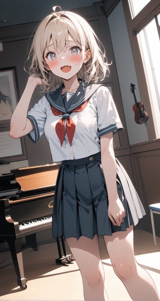 1girl, medium breasts, school uniform,
mesugaki, smile, looking at viewer, blush, hand up, skin fang, 
dutch angle, feet out of frame, looking at viewer, blonde hair, silver eyes,scared, music room, open mouth, shiny hair,,encore_(wuthering_waves)