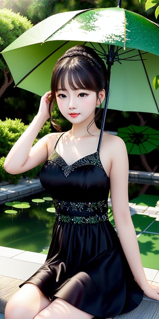 Masterpiece, Best quality, Photorealistic, Ultra-detailed, finedetail, high resolution, 8K wallpaper,  a girl in a black dress with a green umbrella, fine details, Japanese