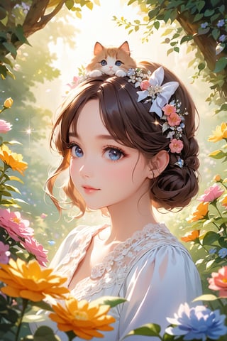 A stunning portrait of a lovely girl with luscious brown hair adorned with a bow on her head. Her beautiful, detailed eyes sparkle like diamonds, framed by long eyelashes and soft facial features that exude innocence. Vibrant colors and pleasant lighting bring out the best in this picturesque scene, set against a lush flower garden background. The artistic rendering is exquisite, with decorative text TA and 1st Anniversary (The cutest girl in the world: 1.5) adding a touch of whimsy to this unforgettable image.