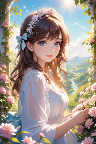 A stunning portrait of a lovely girl with luscious brown hair adorned with a bow on her head. Her beautiful, detailed eyes sparkle like diamonds, framed by long eyelashes and soft facial features that exude innocence. Vibrant colors and pleasant lighting bring out the best in this picturesque scene, set against a lush flower garden background. The artistic rendering is exquisite, with decorative text TA and 1st Anniversary (The cutest girl in the world: 1.5) adding a touch of whimsy to this unforgettable image.