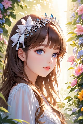 A stunning portrait of a lovely girl with luscious brown hair adorned with a bow on her head. Her beautiful, detailed eyes sparkle like diamonds, framed by long eyelashes and soft facial features that exude innocence. Vibrant colors and pleasant lighting bring out the best in this picturesque scene, set against a lush flower garden background. The artistic rendering is exquisite, with decorative text TA and 1st Anniversary (The cutest girl in the world: 1.5) adding a touch of whimsy to this unforgettable image.