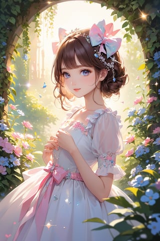 A stunning portrait of a lovely girl with luscious brown hair adorned with a bow on her head. Her beautiful, detailed eyes sparkle like diamonds, framed by long eyelashes and soft facial features that exude innocence. Vibrant colors and pleasant lighting bring out the best in this picturesque scene, set against a lush flower garden background. The artistic rendering is exquisite, with decorative text TA and 1st Anniversary (The cutest girl in the world: 1.5) adding a touch of whimsy to this unforgettable image.