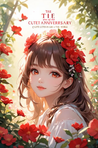 In a lush flower garden with vibrant colors and pleasant lighting, a beautiful young girl sits delicately amidst blooming petals. Her brown hair is adorned with a bow on her head, framing her striking facial features. Soft and detailed eyes shine bright, complemented by long eyelashes that add to her charm. Her lips are painted red, inviting the viewer's gaze. The soft focus background blooms in harmony with the subject's gentle pose, as decorative text TA' and 1st Anniversary hover above, accompanied by the title (The cutest girl in the world: 1.5).