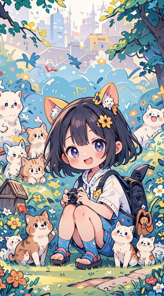 A whimsical anime chibi masterpiece comes to life! In a stunning 16K, HD image, a tiny but adorable girl sits amidst lush greenery in a sun-drenched park. Her large, expressive eyes sparkle with joy as she gazes off-camera. The dynamic angle and shallow depth of field draw the viewer's eye to her sweet smile. Simple cats playfully surround her, adding to the scene's charm.