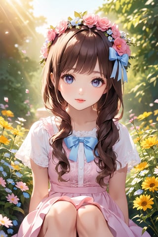 (best quality, highres),brown hair,bow on head,girl,beautiful detailed eyes,beautiful detailed lips,long eyelashes,soft facial features,flower garden background, vibrant colors,pleasant lighting,artistic rendering, decorative text:’’TA’’, text:’’1st Anniversary’’,(The cutest girl in the world:1.5),